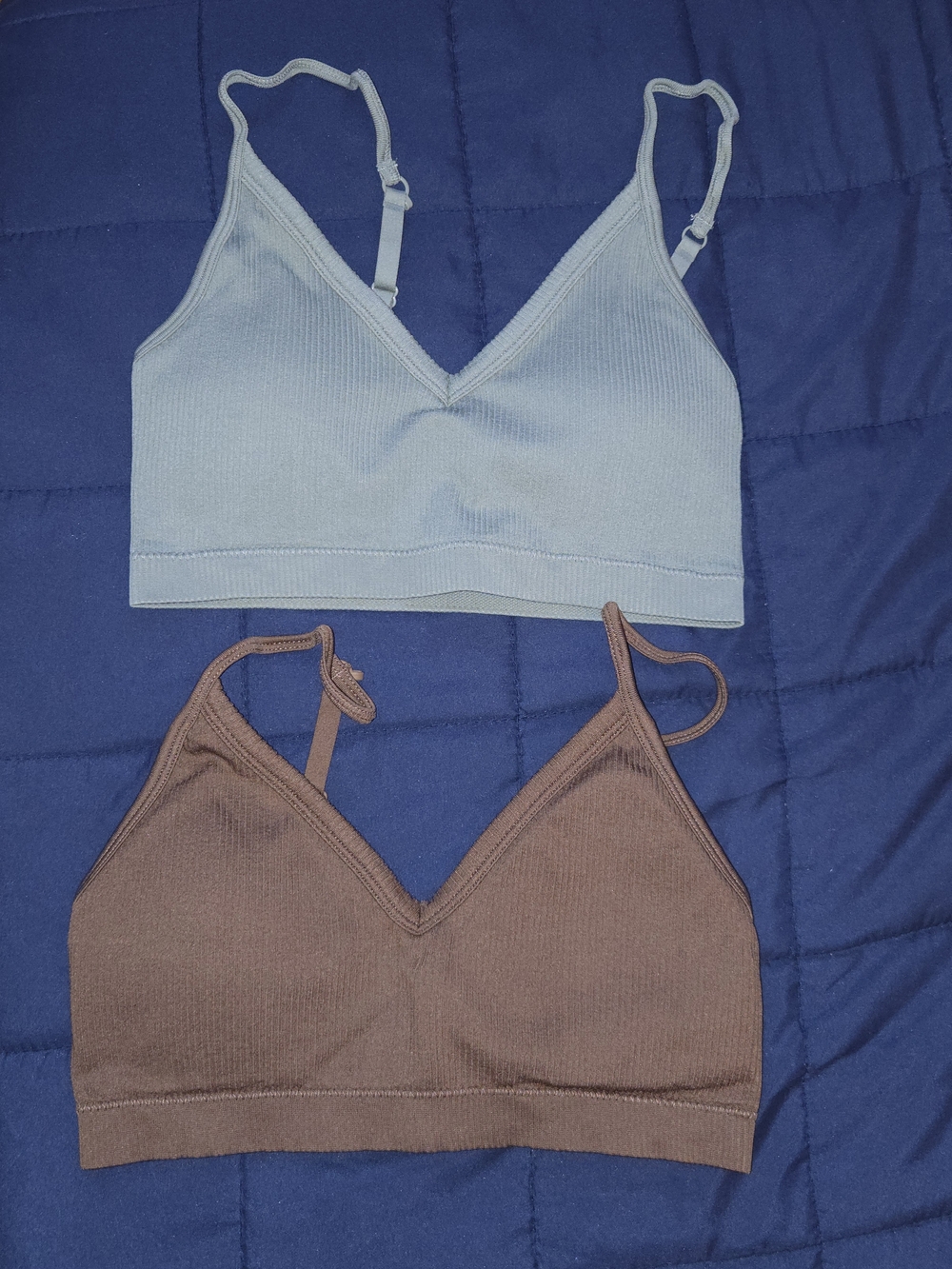 No Boundaries Ribbed V-Neck Bralettes - Light Blue & Brown